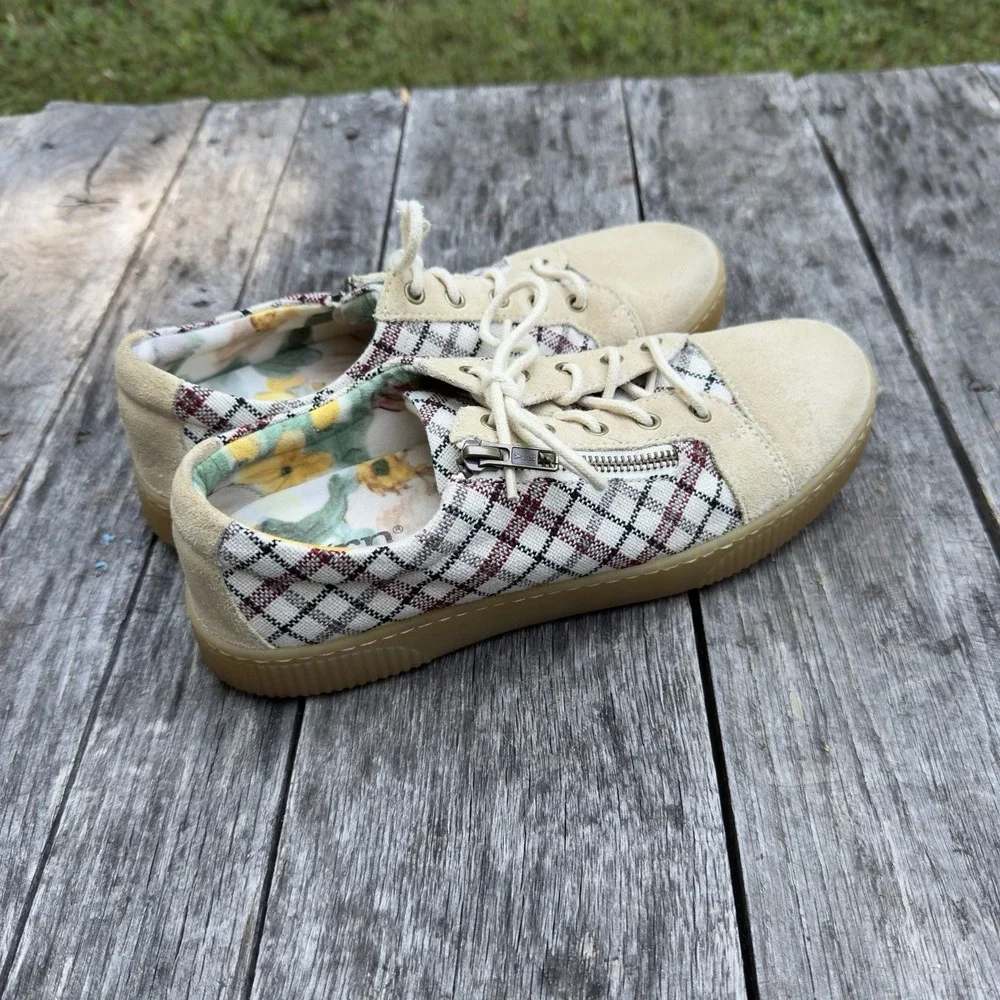 Women's BORN‎ Tamara Plaid Checkered Leather Zip Sneakers-Tan-Size 8.5